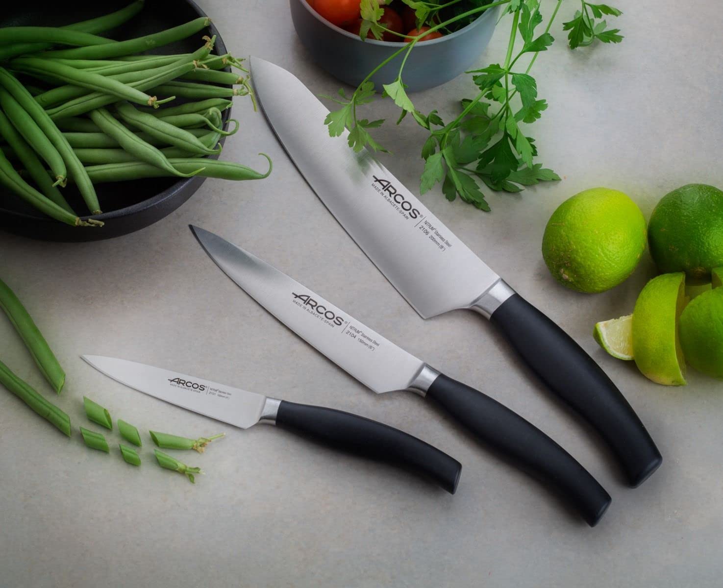 Arcos Forged Kitchen Knife Set 3 Pieces (Paring Knife + Kitchen Knife + Chef's Knife). Stainless Steel Forged Nitrum. Polypropylene POM Handle. Series Clara. Black Color - Image 5