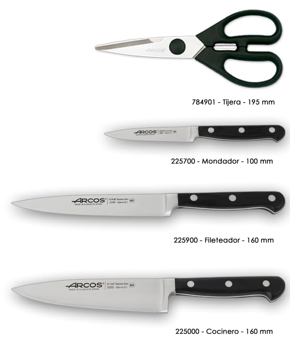 ARCOS Knife Set 4 piece (3 knives + Scissors) Nitrum Stainless Steel 1675 gr. Ergonomic Polyoxymethylene POM Handle. Series Opera. Classical design and rounded finish. Color Black. - Image 5