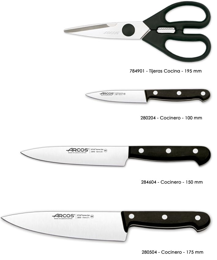 ARCOS Knife Set 4 pieces (3 knives + 1 scissors) - Nitrum Stainless Steel and mm blade. 1670 gr. Pine Wood Block. Ergonomic Polyoxymethylene POM Handle. Series Universal. Greater control. Color Black. - Image 3
