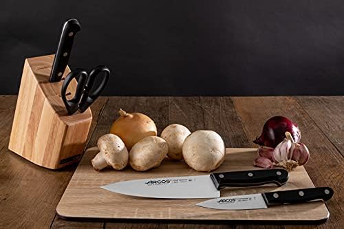ARCOS Knife Set 4 pieces (3 knives + 1 scissors) - Nitrum Stainless Steel and mm blade. 1670 gr. Pine Wood Block. Ergonomic Polyoxymethylene POM Handle. Series Universal. Greater control. Color Black. - Image 6