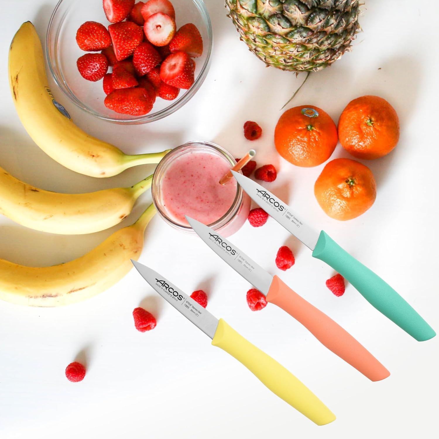 Arcos Paring Knife Set of 3 Pieces 4 Inch Stainless Steel. Colorful Kitchen Knives for Peeling Fruits and Vegetables. Ergonomic Polypropylene Handle. Series Nova. Color Orange, Yellow and Blue. - Image 6