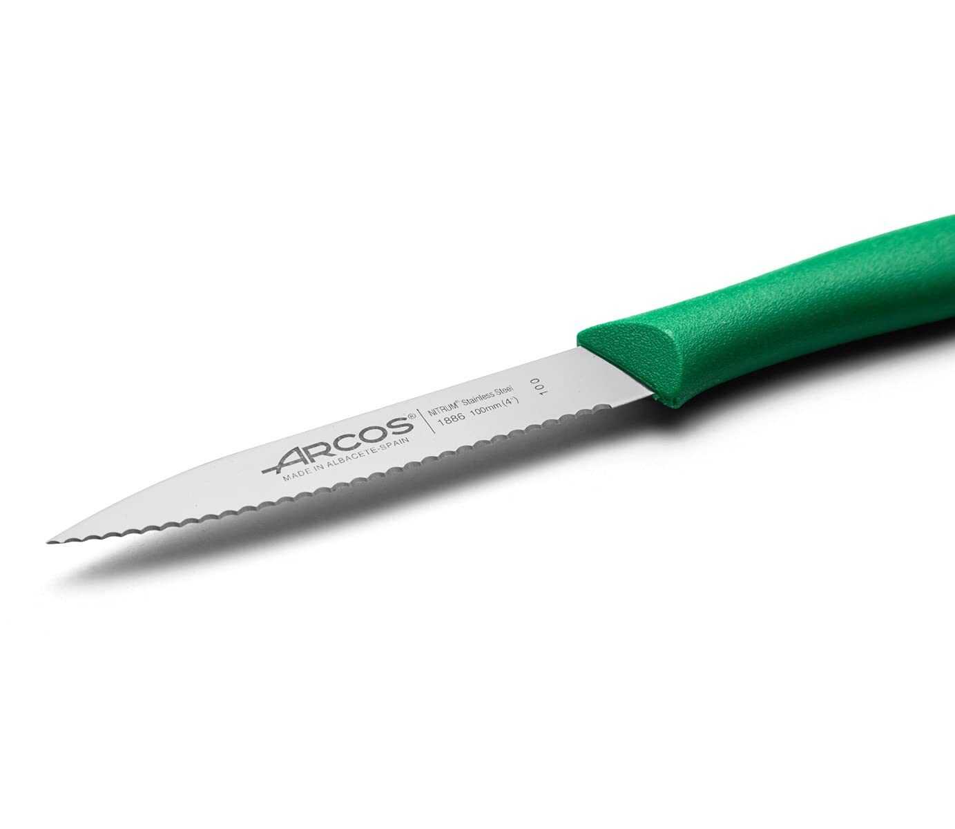Arcos Serrated Paring Knife for Fruits and Vegetables, Stainless Steel NITRUM Blade 100 mm, Ergonomic Green Handle, Nova Series - Image 3