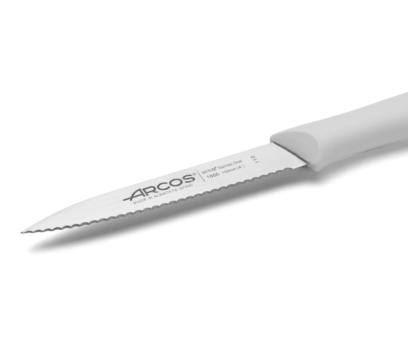 Arcos Serrated Paring Knife for Precise Cutting, 100mm Stainless Steel Blade, Durable NITRUM, White Polypropylene Handle, Nova Series - Image 3